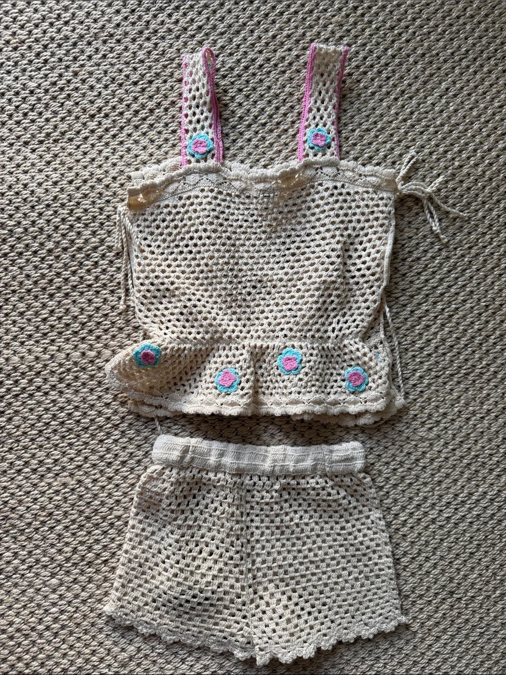 Handmade Crochet Tank Top & Shorts Set - Cream with Pink & Teal Flower Accents